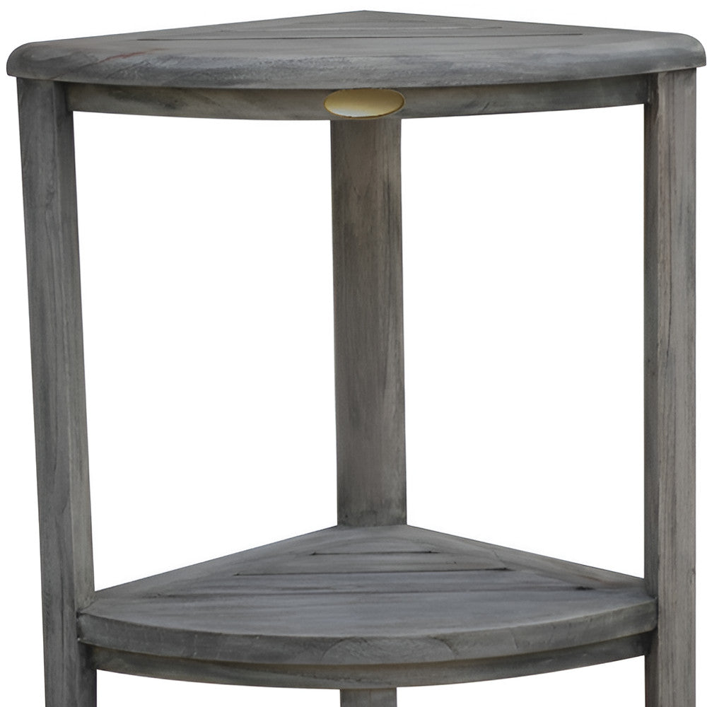 17" Gray Teak Corner Shower Bench With Shelf-Shower Benches-DECOROLALA