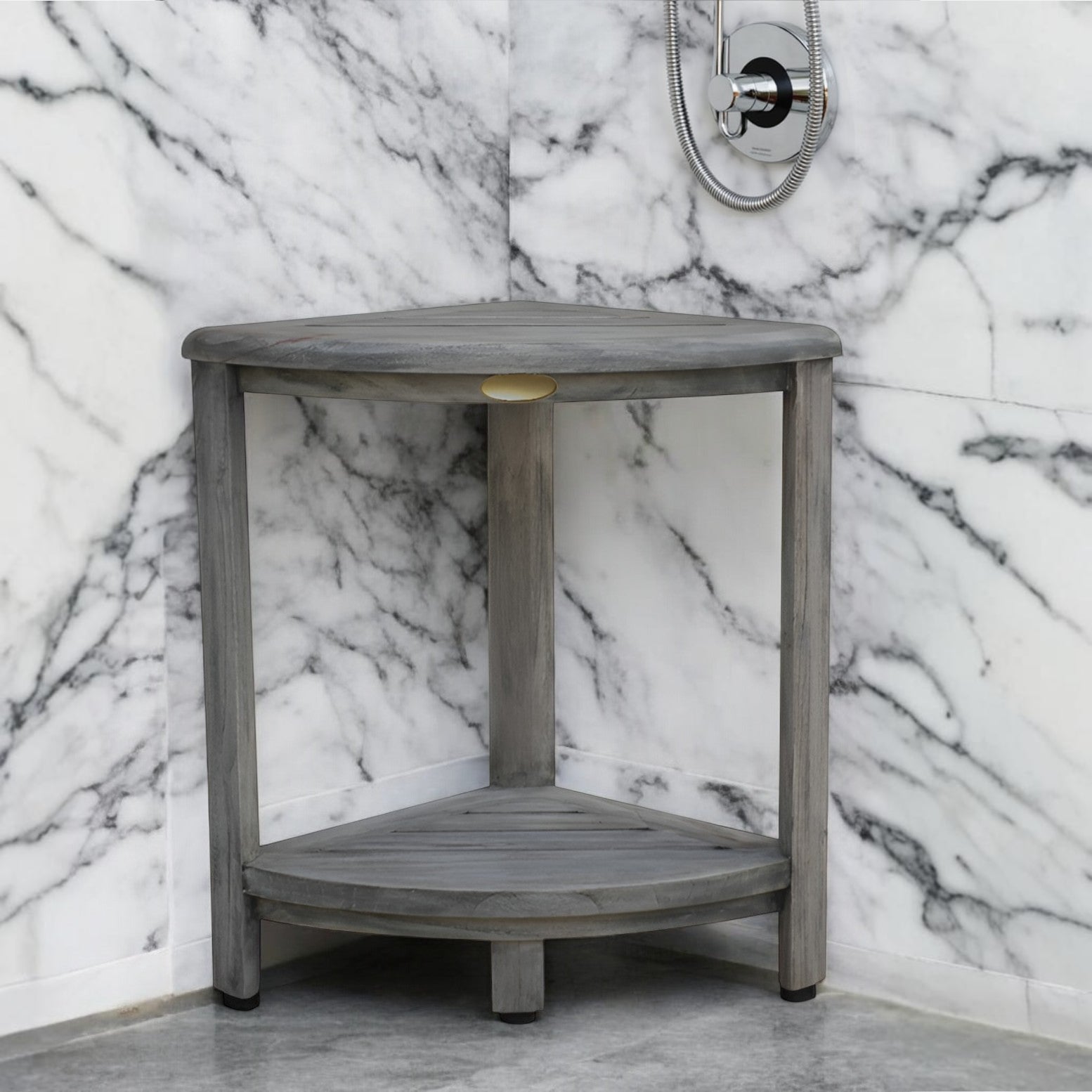 17" Gray Teak Corner Shower Bench With Shelf-Shower Benches-DECOROLALA
