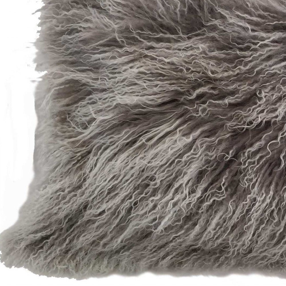 17" Grey Genuine Tibetan Lamb Fur Pillow With Microsuede Backing-Accent Throw Pillows-DECOROLALA