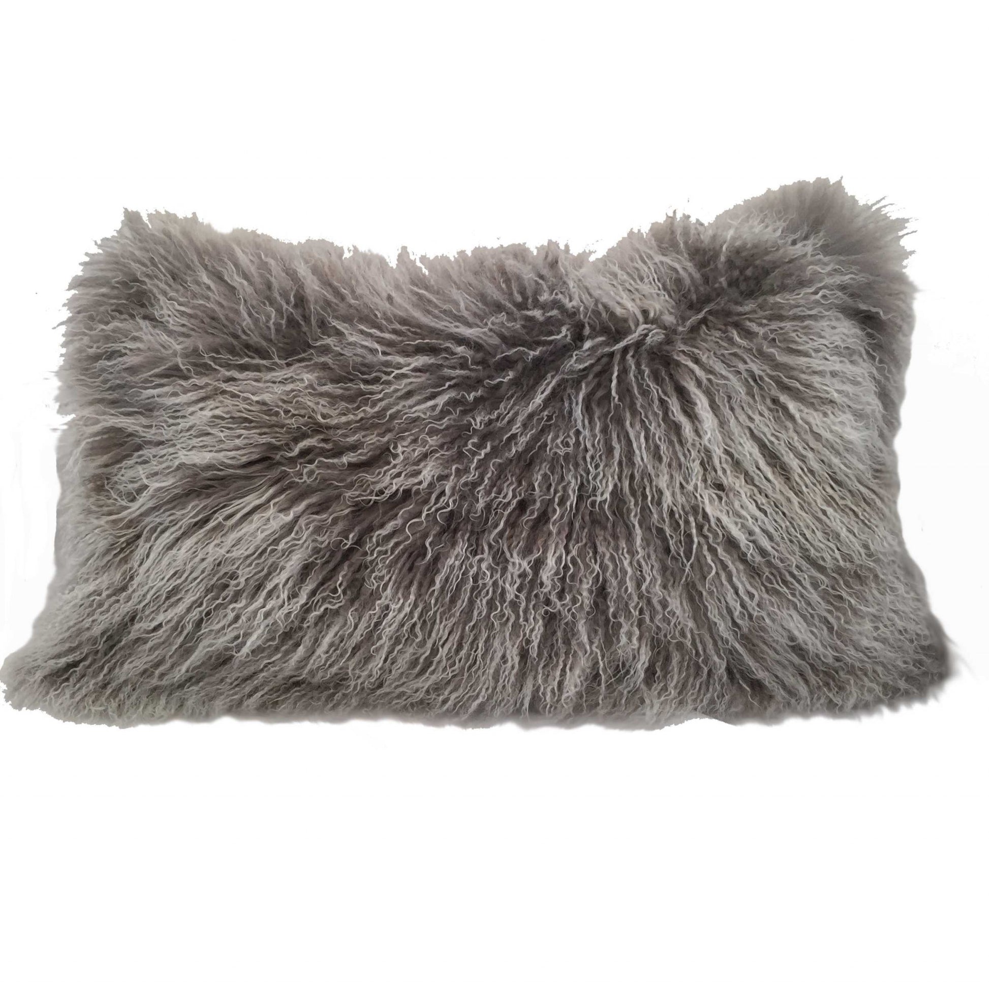 17" Grey Genuine Tibetan Lamb Fur Pillow With Microsuede Backing-Accent Throw Pillows-DECOROLALA