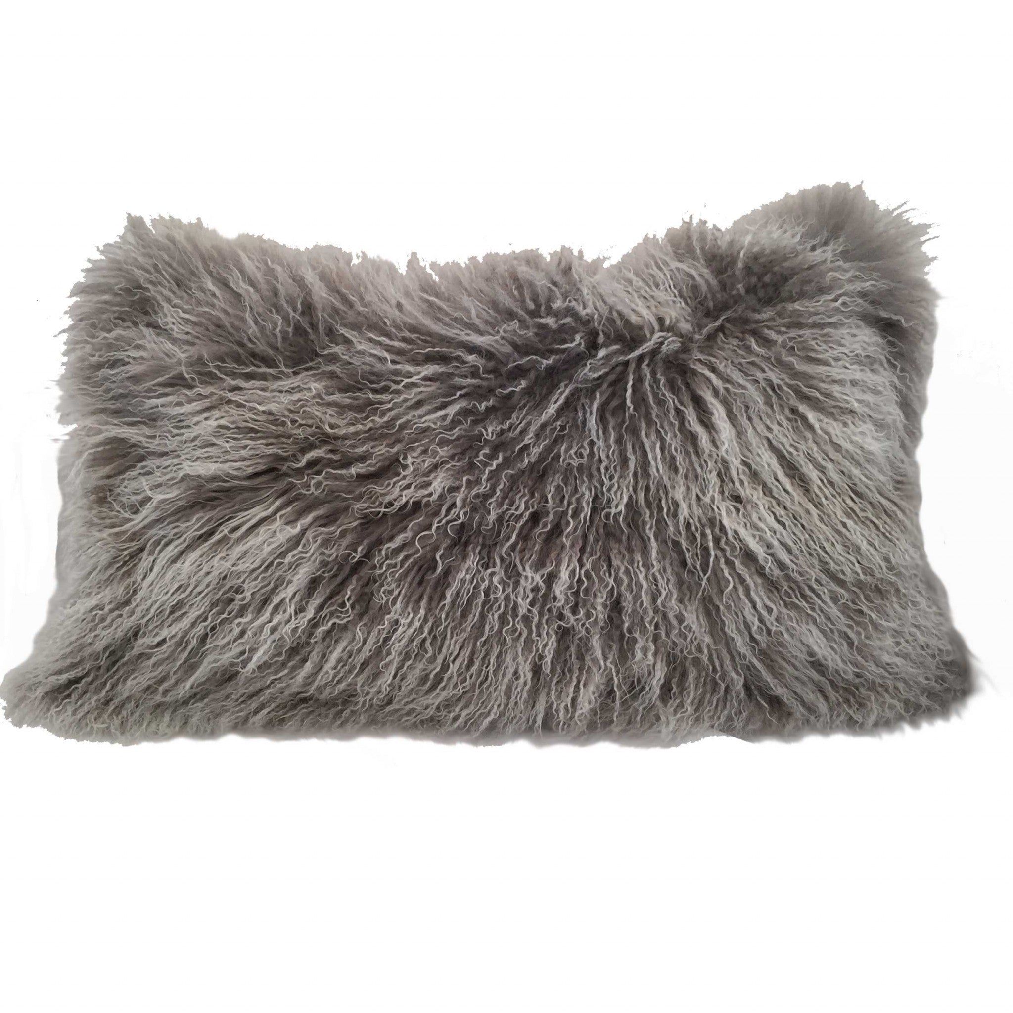 17" Grey Genuine Tibetan Lamb Fur Pillow With Microsuede Backing-Accent Throw Pillows-DECOROLALA