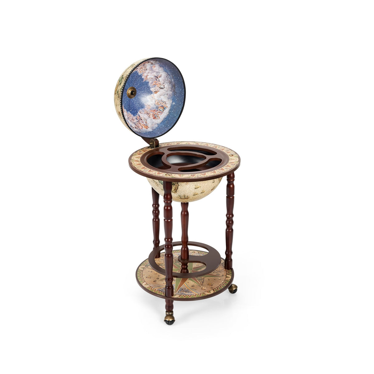 17 Inch Italian Style Design Wooden Globe Liquor Bottle Wine Rack with Wheels-Wine Racks-DECOROLALA