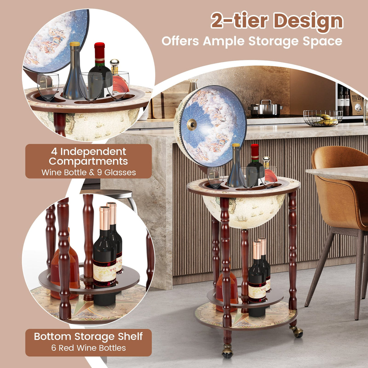 17 Inch Italian Style Design Wooden Globe Liquor Bottle Wine Rack with Wheels-Wine Racks-DECOROLALA