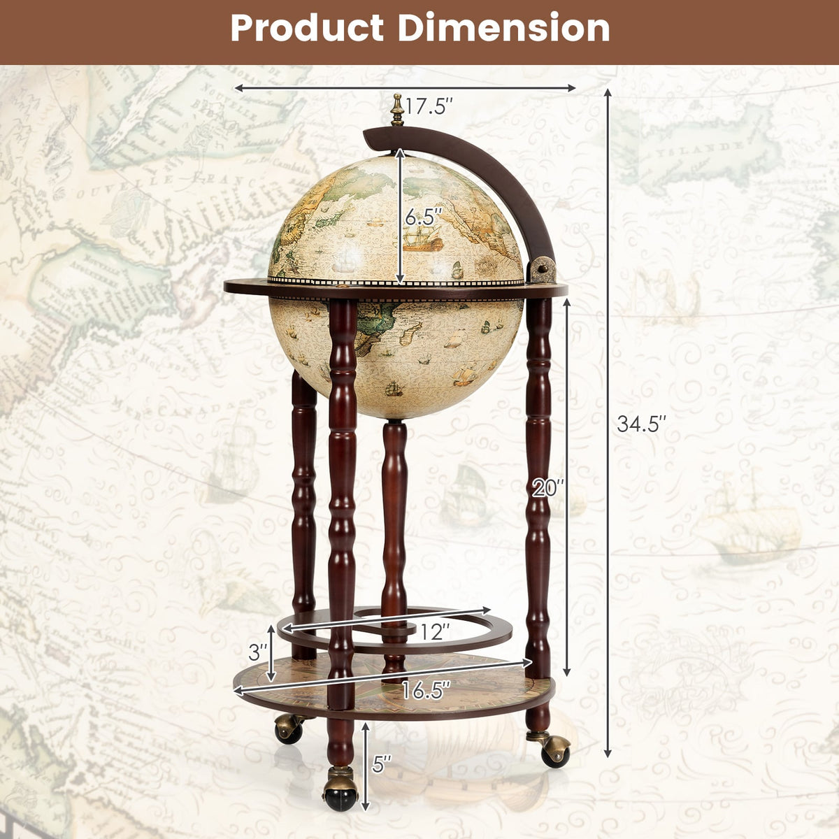 17 Inch Italian Style Design Wooden Globe Liquor Bottle Wine Rack with Wheels-Wine Racks-DECOROLALA
