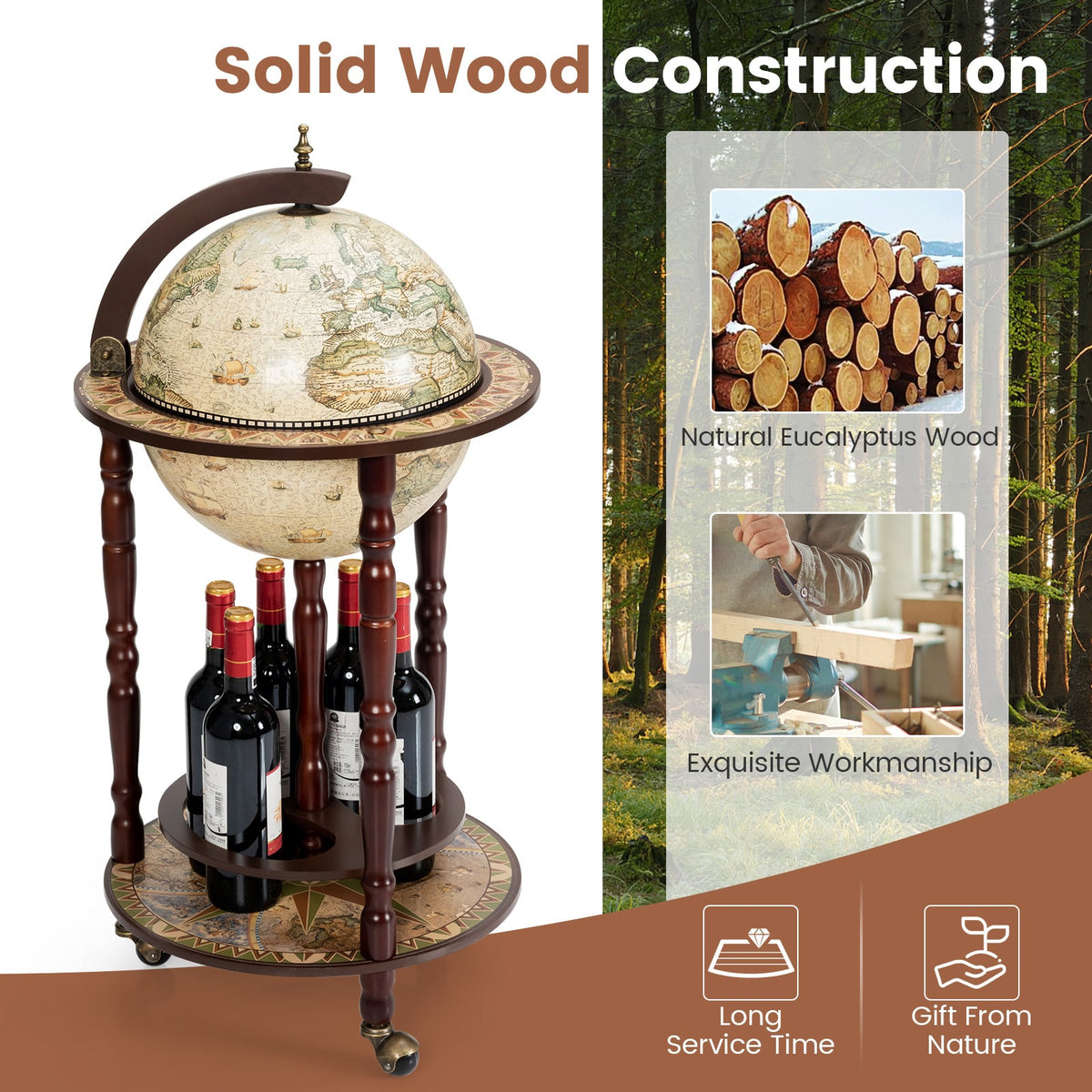 17 Inch Italian Style Design Wooden Globe Liquor Bottle Wine Rack with Wheels-Wine Racks-DECOROLALA