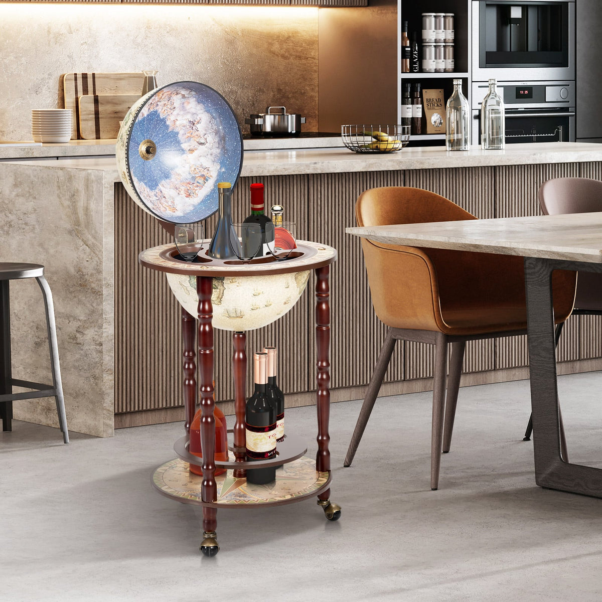 17 Inch Italian Style Design Wooden Globe Liquor Bottle Wine Rack with Wheels-Wine Racks-DECOROLALA