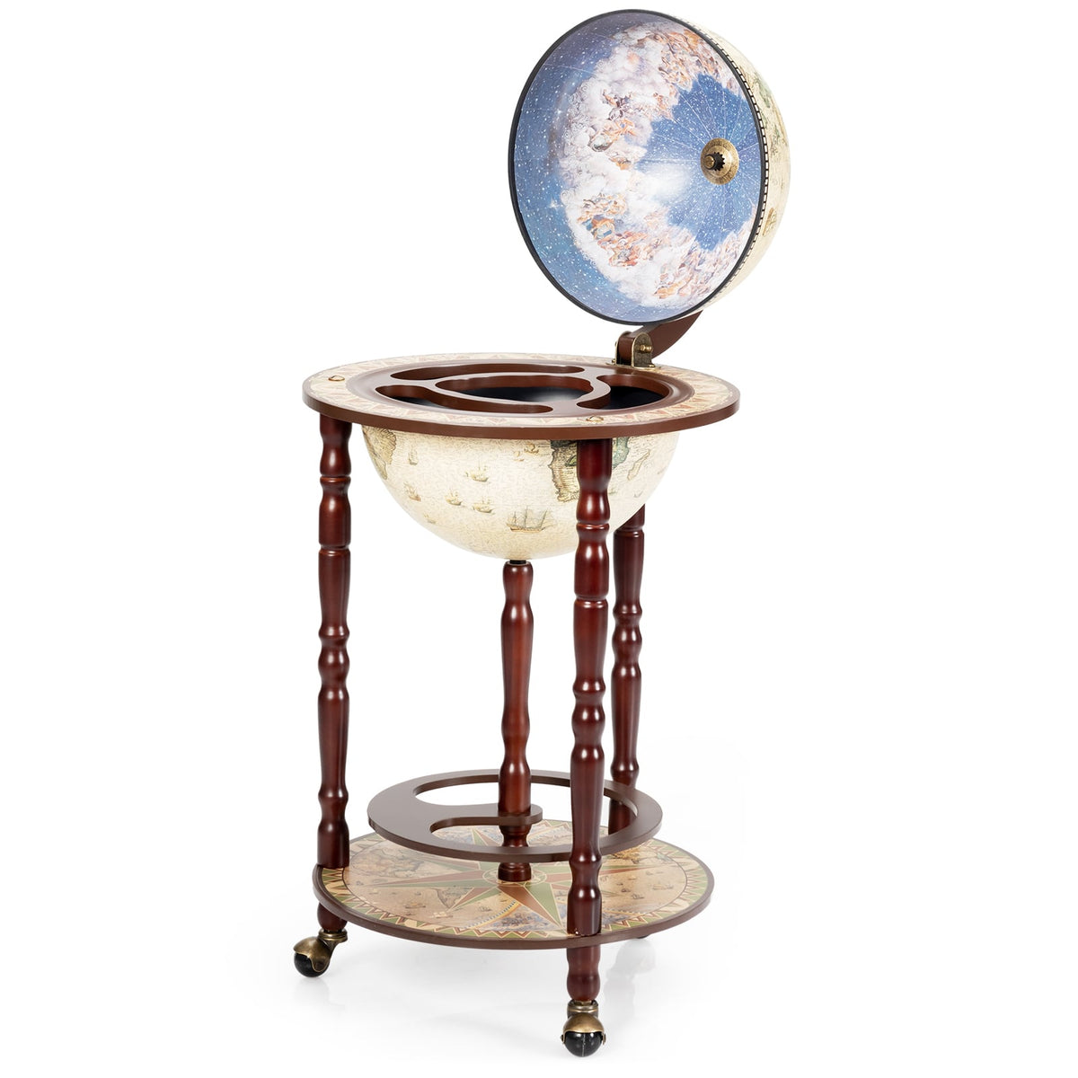 17 Inch Italian Style Design Wooden Globe Liquor Bottle Wine Rack with Wheels-Wine Racks-DECOROLALA