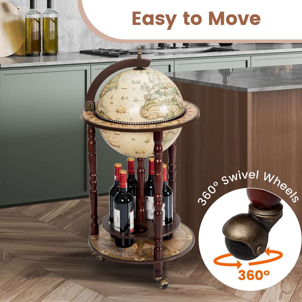 17 Inch Italian Style Design Wooden Globe Liquor Bottle Wine Rack with Wheels-Wine Racks-DECOROLALA