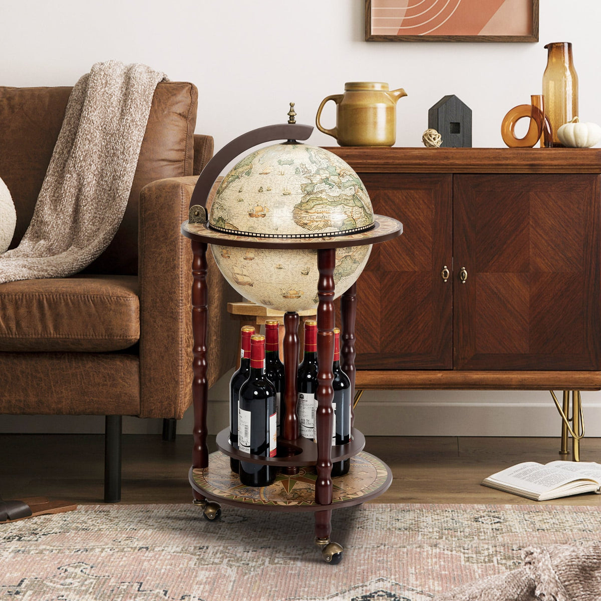 17 Inch Italian Style Design Wooden Globe Liquor Bottle Wine Rack with Wheels-Wine Racks-DECOROLALA