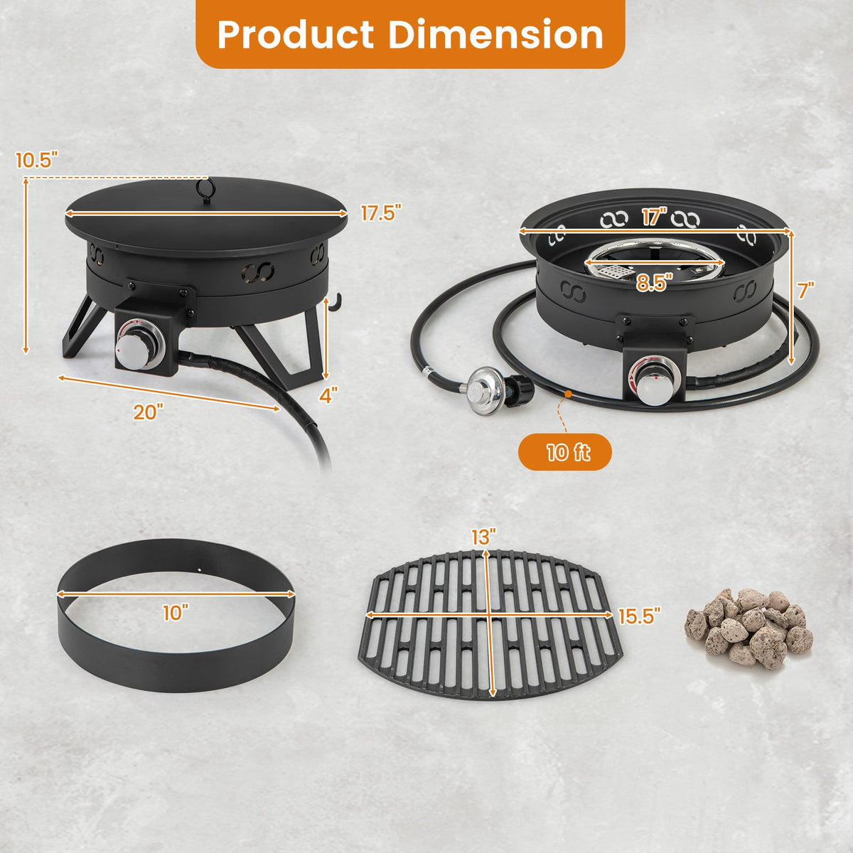17 Inch Portable Gas Fire Pit with Folding Legs and Removable Grill for Camping-Black-Fire Pits-DECOROLALA
