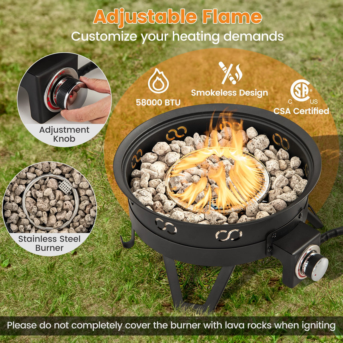 17 Inch Portable Gas Fire Pit with Folding Legs and Removable Grill for Camping-Black-Fire Pits-DECOROLALA