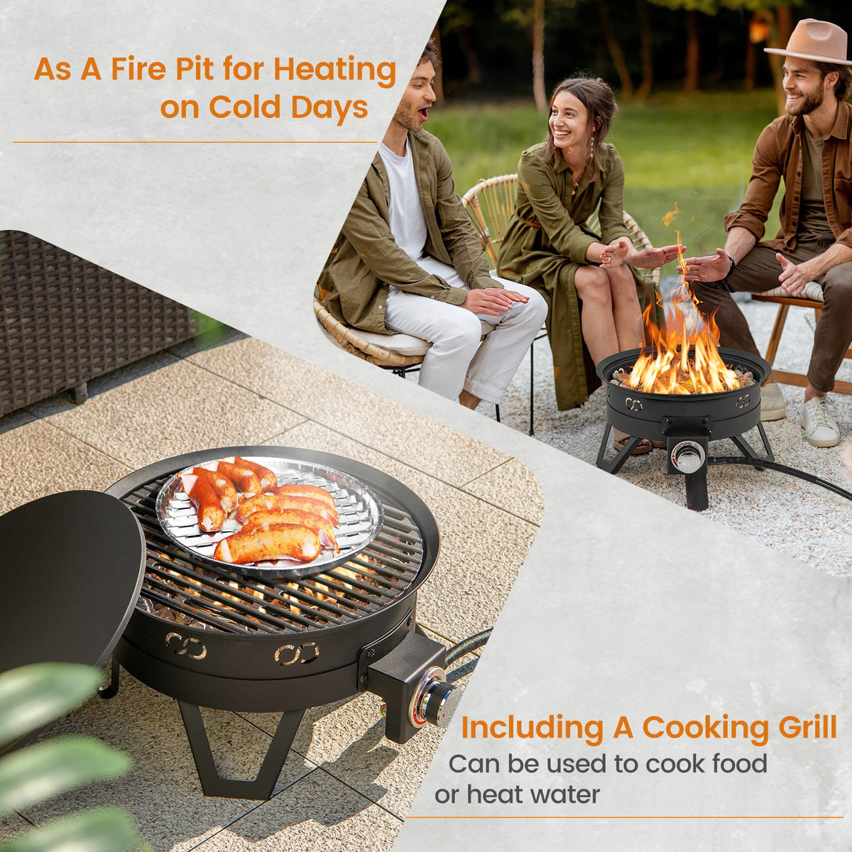 17 Inch Portable Gas Fire Pit with Folding Legs and Removable Grill for Camping-Black-Fire Pits-DECOROLALA