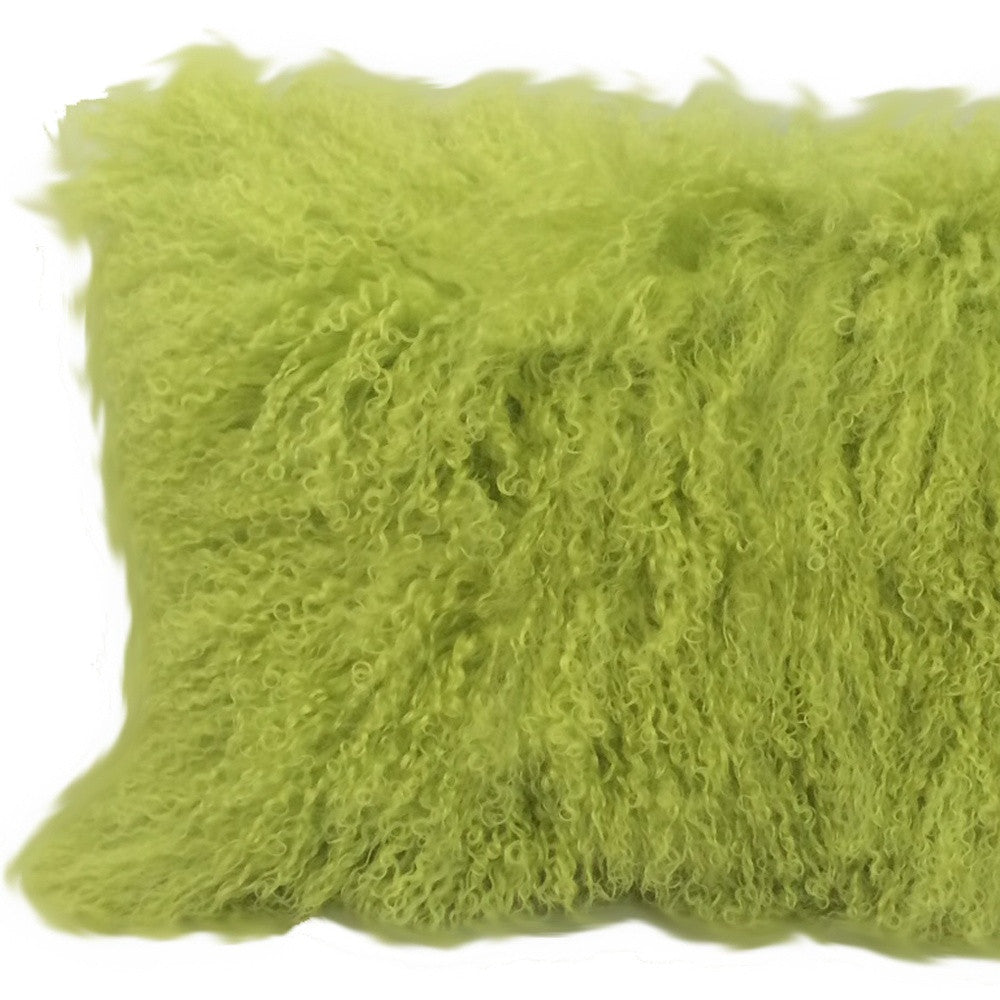 17" Lime Green Genuine Tibetan Lamb Fur Pillow With Microsuede Backing-Accent Throw Pillows-DECOROLALA