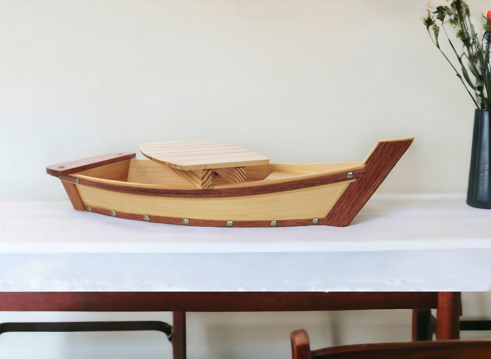 17" Natural and Brown Wood Sushi Boat Serving Tray-Trays-DECOROLALA