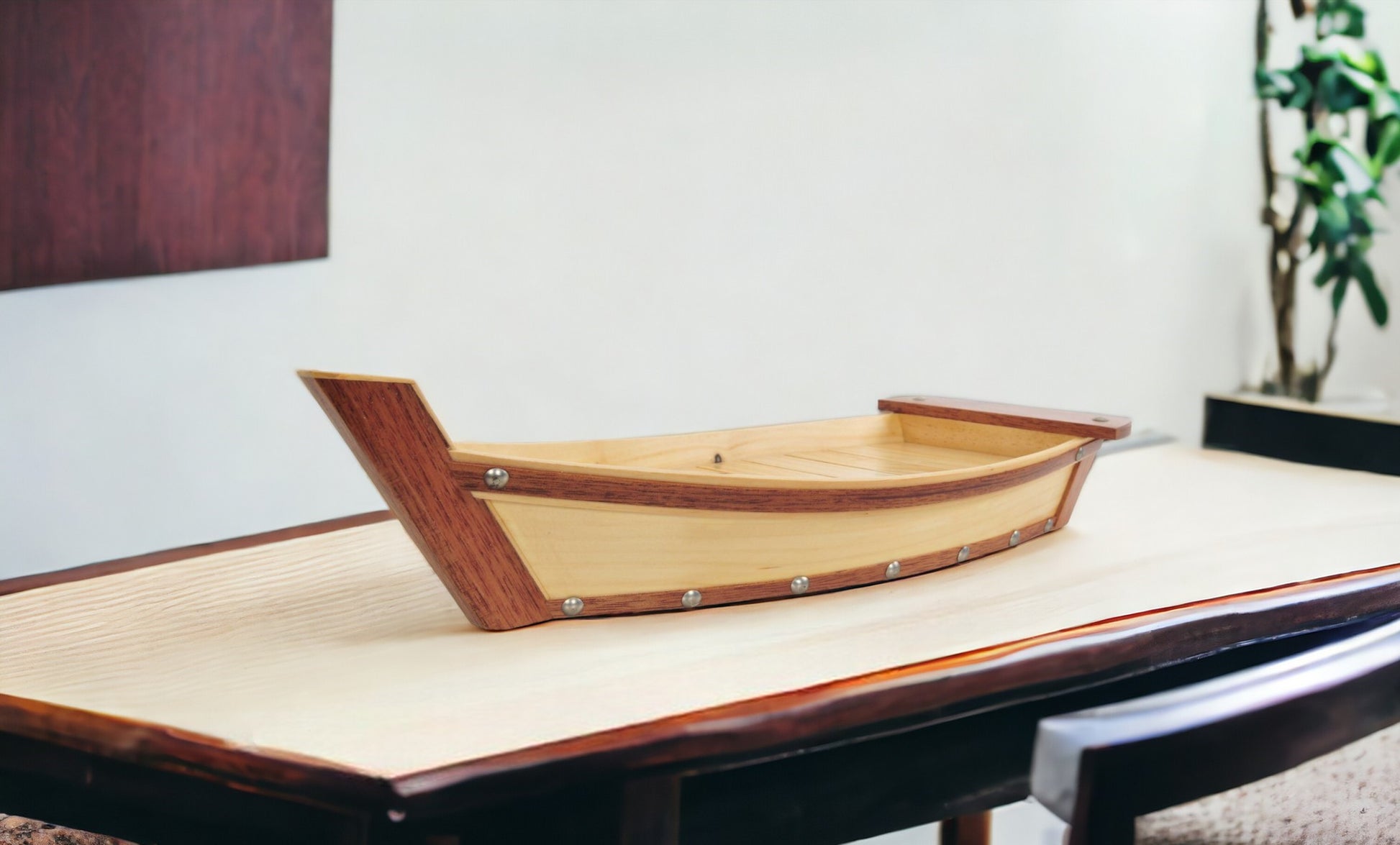 17" Natural and Brown Wood Sushi Boat Serving Tray-Trays-DECOROLALA