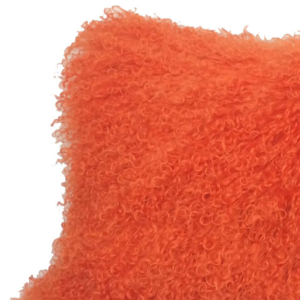 17" Orange Genuine Tibetan Lamb Fur Pillow With Microsuede Backing-Accent Throw Pillows-DECOROLALA