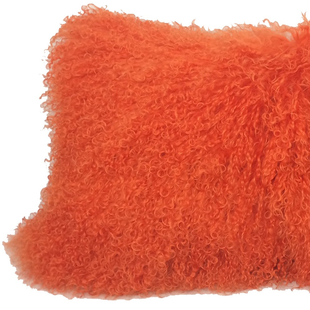 17" Orange Genuine Tibetan Lamb Fur Pillow With Microsuede Backing-Accent Throw Pillows-DECOROLALA