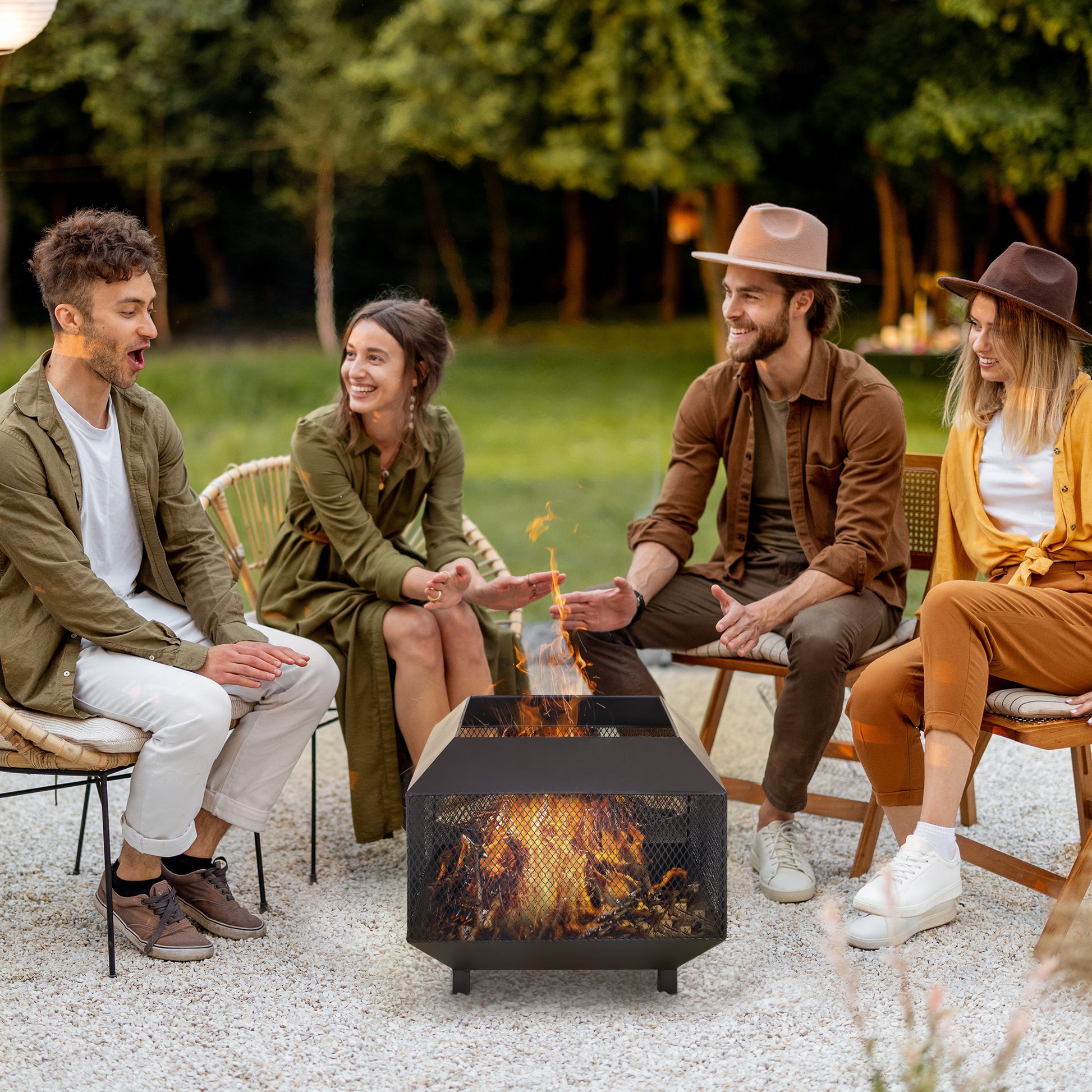 17" Outdoor Wood Burning Fire Pit with Poker - Black Metal-Patio & Garden > Fire Pits-DECOROLALA