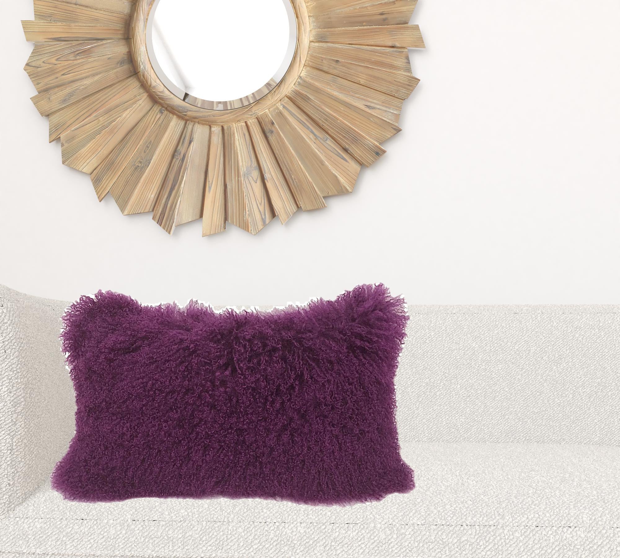 17" Purple Genuine Tibetan Lamb Fur Pillow With Microsuede Backing-Accent Throw Pillows-DECOROLALA