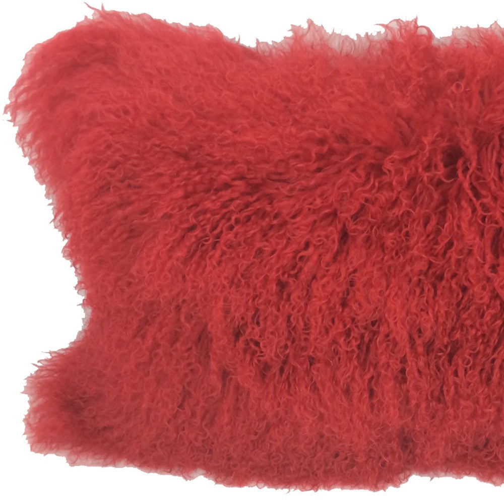 17" Red Genuine Tibetan Lamb Fur Pillow With Microsuede Backing-Accent Throw Pillows-DECOROLALA