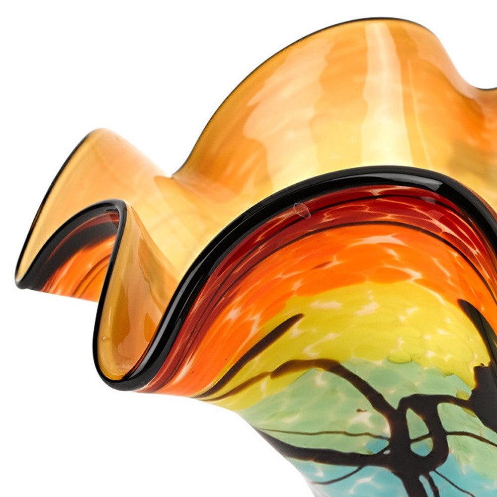 17" Red Yellow and Green Wavy Glass Centerpiece Bowl-Serving Bowls-DECOROLALA