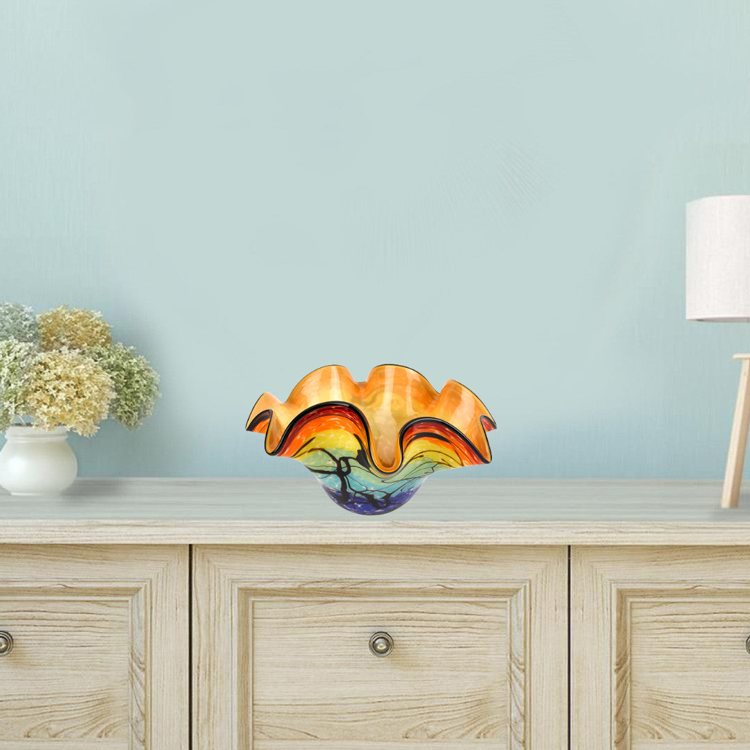 17" Red Yellow and Green Wavy Glass Centerpiece Bowl-Serving Bowls-DECOROLALA