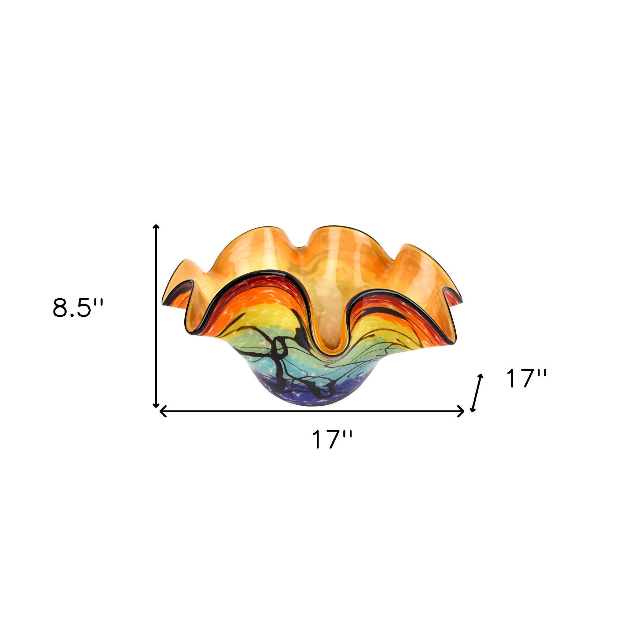 17" Red Yellow and Green Wavy Glass Centerpiece Bowl-Serving Bowls-DECOROLALA