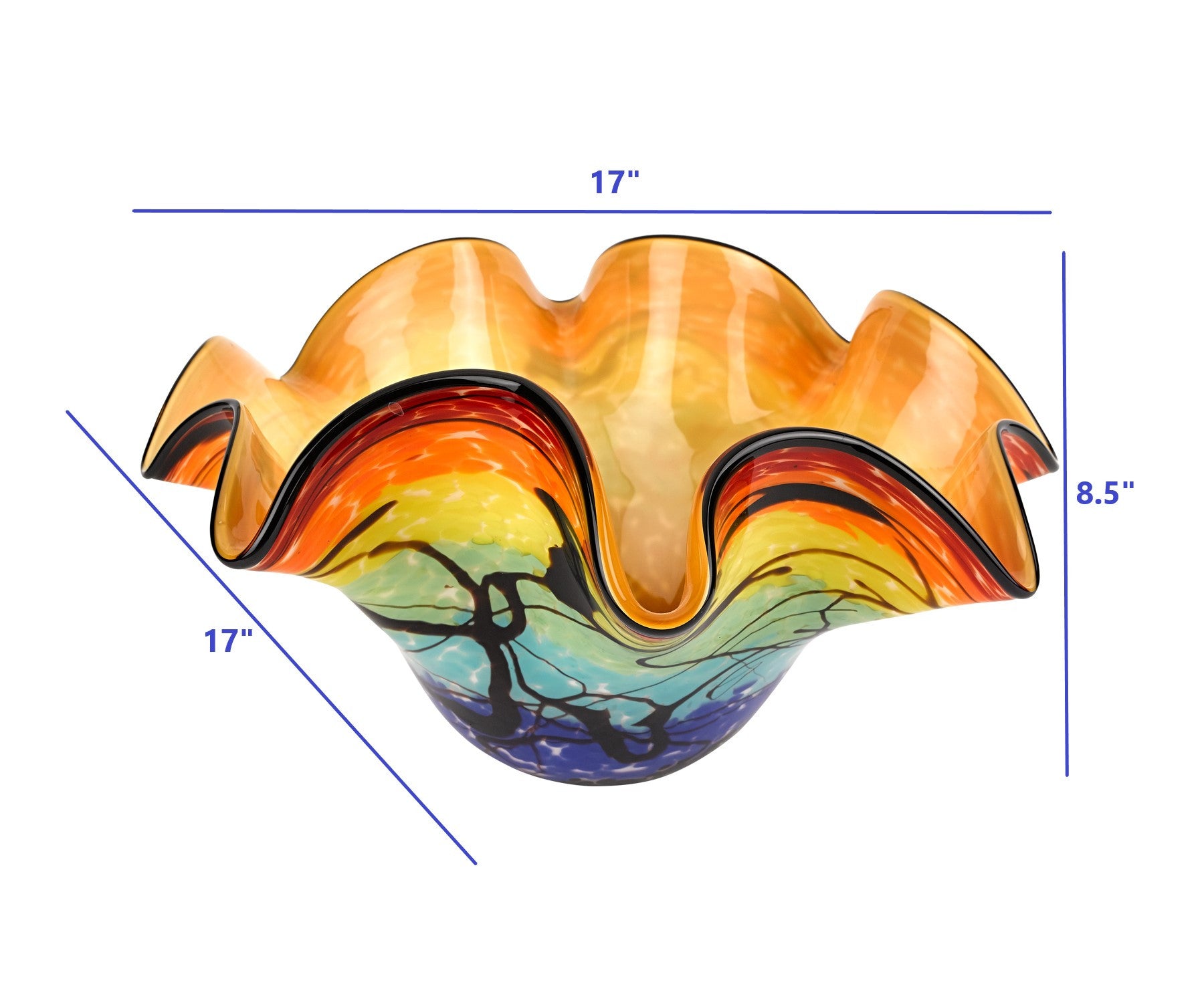 17" Red Yellow and Green Wavy Glass Centerpiece Bowl-Serving Bowls-DECOROLALA