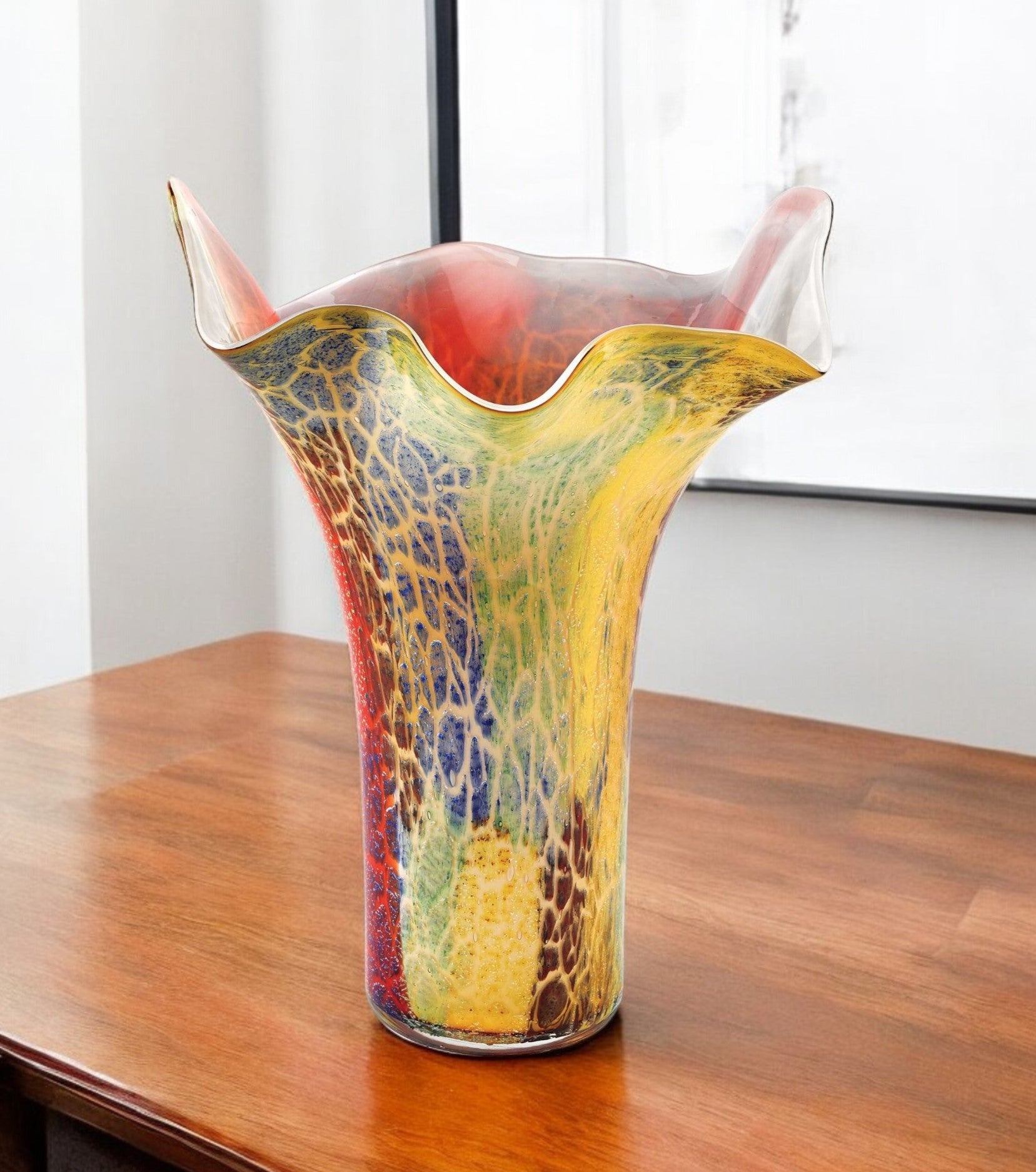 17" Red and Yellow Glass Abstract Novelty Table Vase-Vases-DECOROLALA
