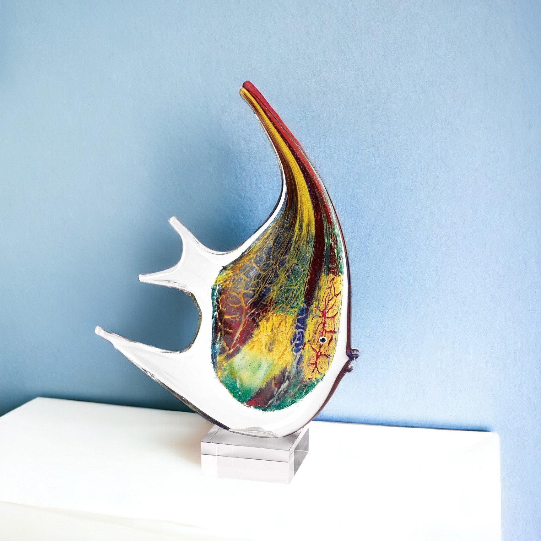 17" Red and Yellow Murano Glass Fish Figurine Tabletop Sculpture-Sculptures-DECOROLALA