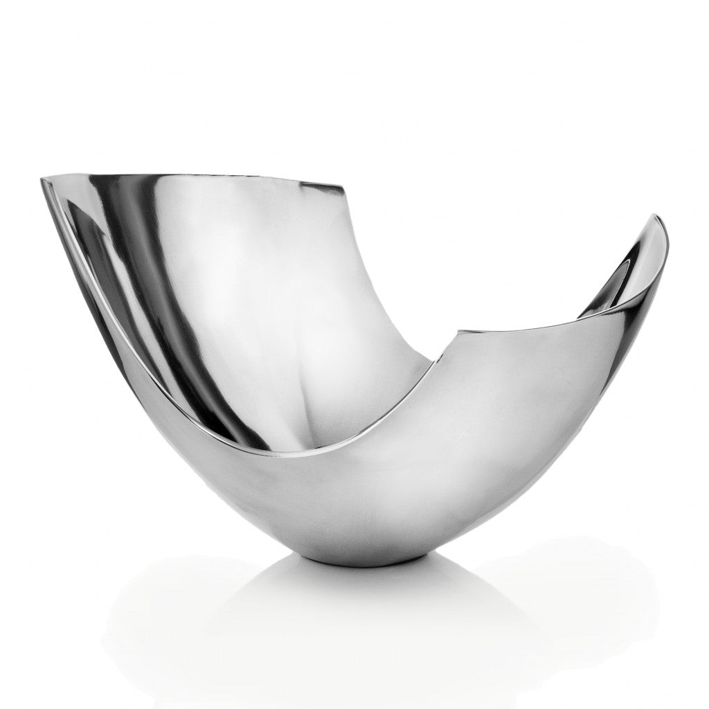 17" Silver Aluminum Modern Abstract Centerpiece Bowl-Serving Bowls-DECOROLALA