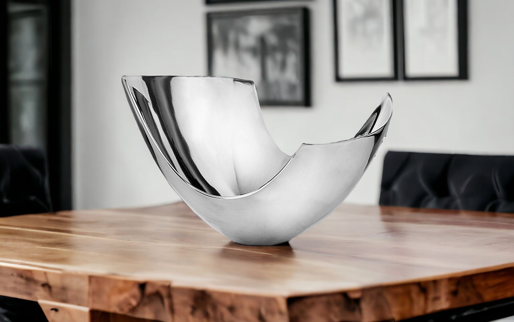 17" Silver Aluminum Modern Abstract Centerpiece Bowl-Serving Bowls-DECOROLALA
