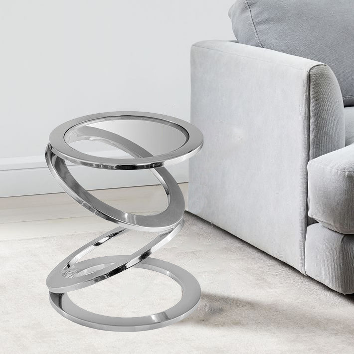 17" Silver And Clear Glass and Aluminum Round Abstract End Table-End-Side Tables-DECOROLALA