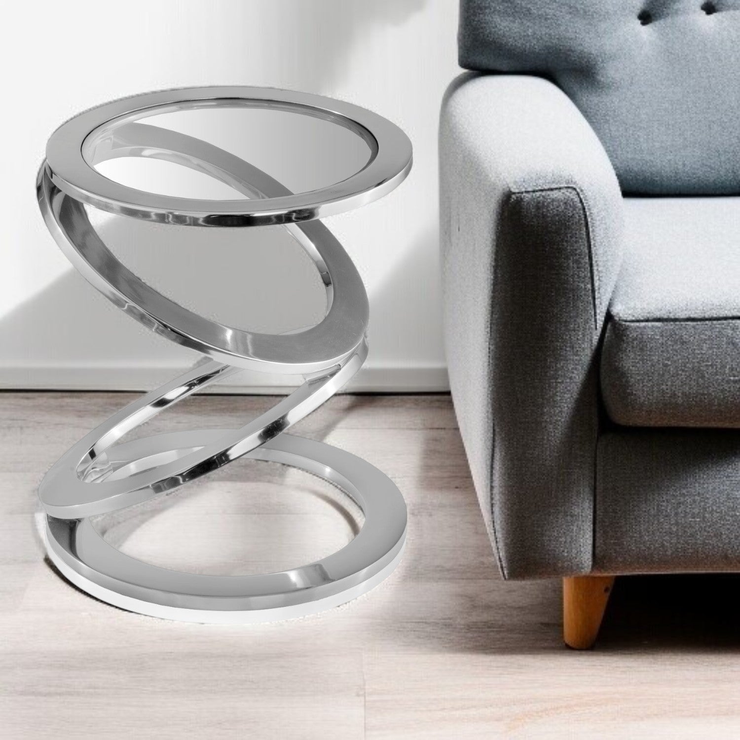 17" Silver And Clear Glass and Aluminum Round Abstract End Table-End-Side Tables-DECOROLALA
