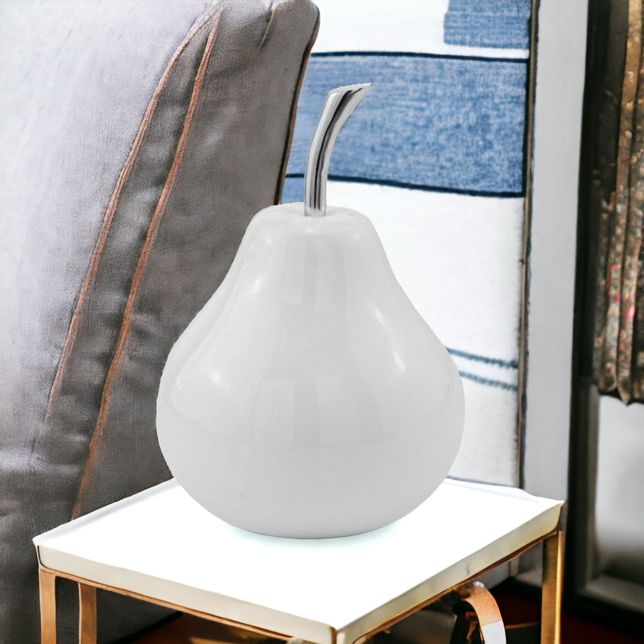 17" Silver Buffed Aluminum Decorative Pear Tabletop Sculpture-Sculptures-DECOROLALA