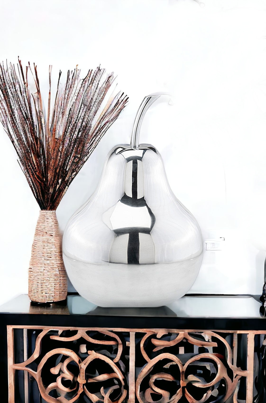 17" Silver Buffed Aluminum Decorative Pear Tabletop Sculpture-Sculptures-DECOROLALA