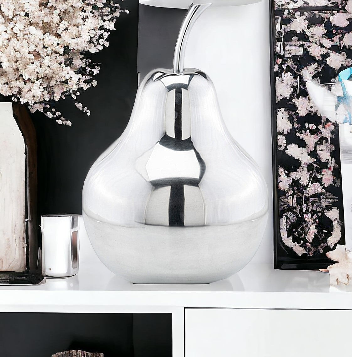 17" Silver Buffed Aluminum Decorative Pear Tabletop Sculpture-Sculptures-DECOROLALA