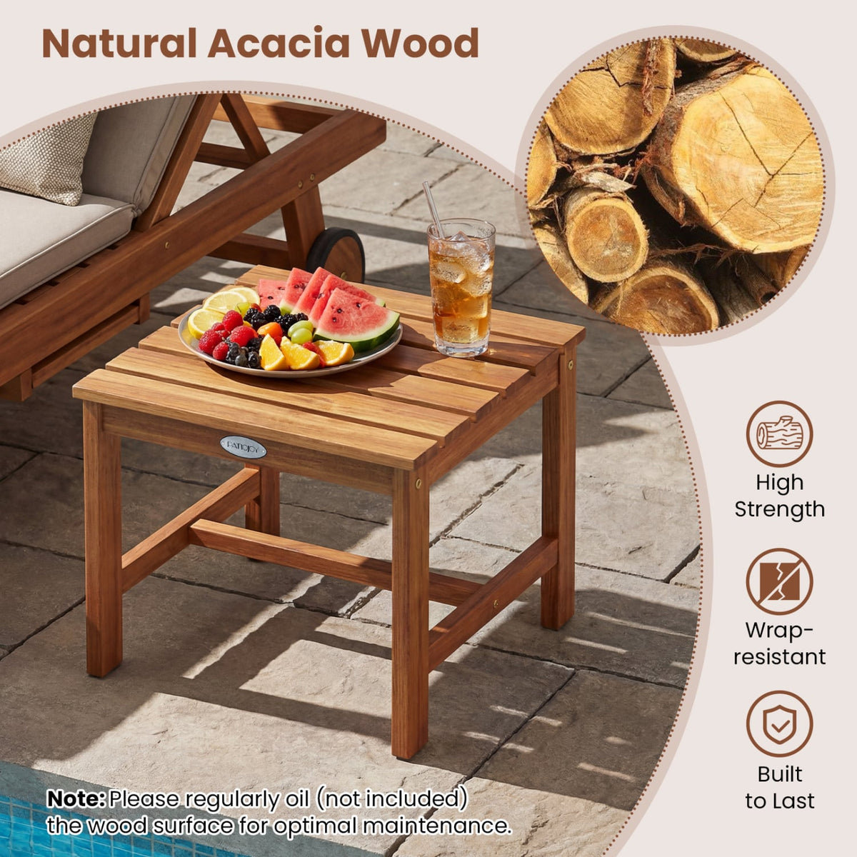 17” Square Patio Acacia Wood Side Table with Slatted Tabletop-Set of 2-End & Side Tables-DECOROLALA