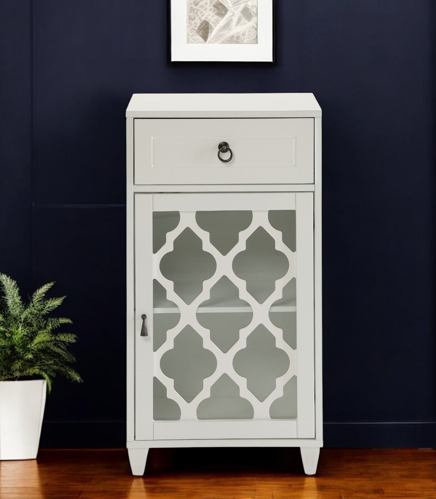 17" White Fret Work Design Glass Door Accent Cabinet-Cabinets-DECOROLALA