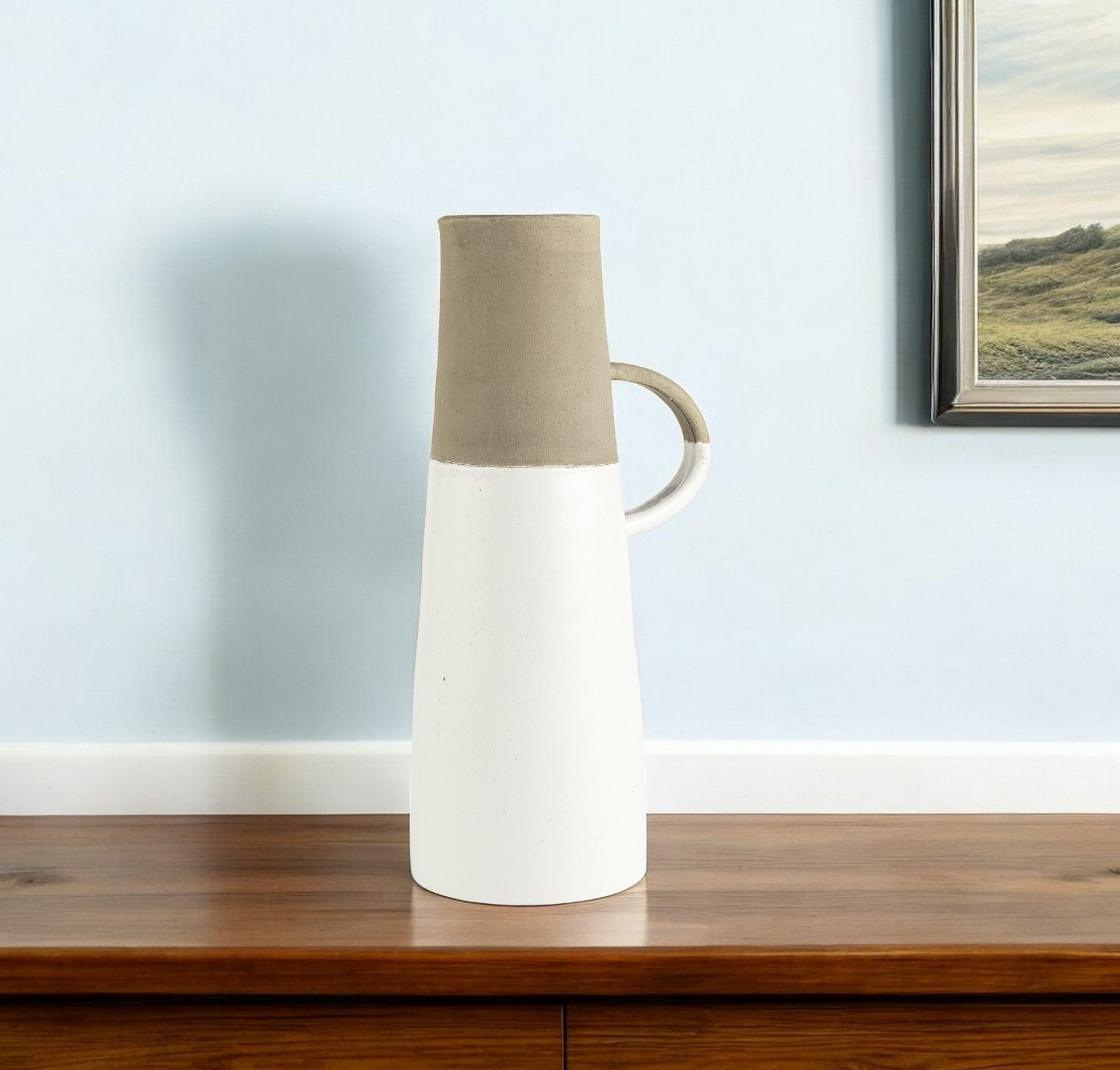 17" White and Natural Ceramic Decorative Jug Tabletop Sculpture-Sculptures-DECOROLALA