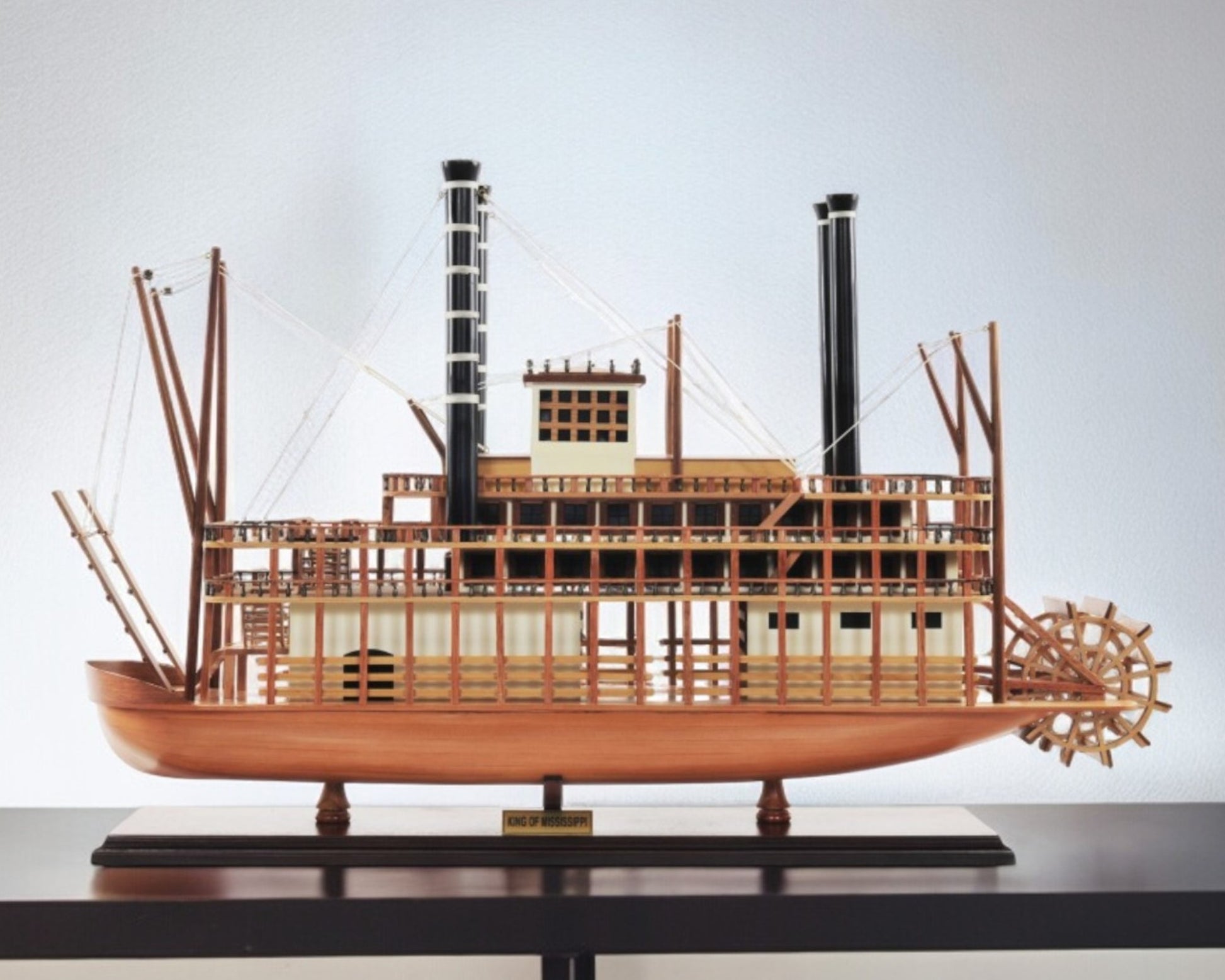 17" Wood Brown Solid Wood Hand Painted King of Mississippi Model Boat-Sculptures-DECOROLALA
