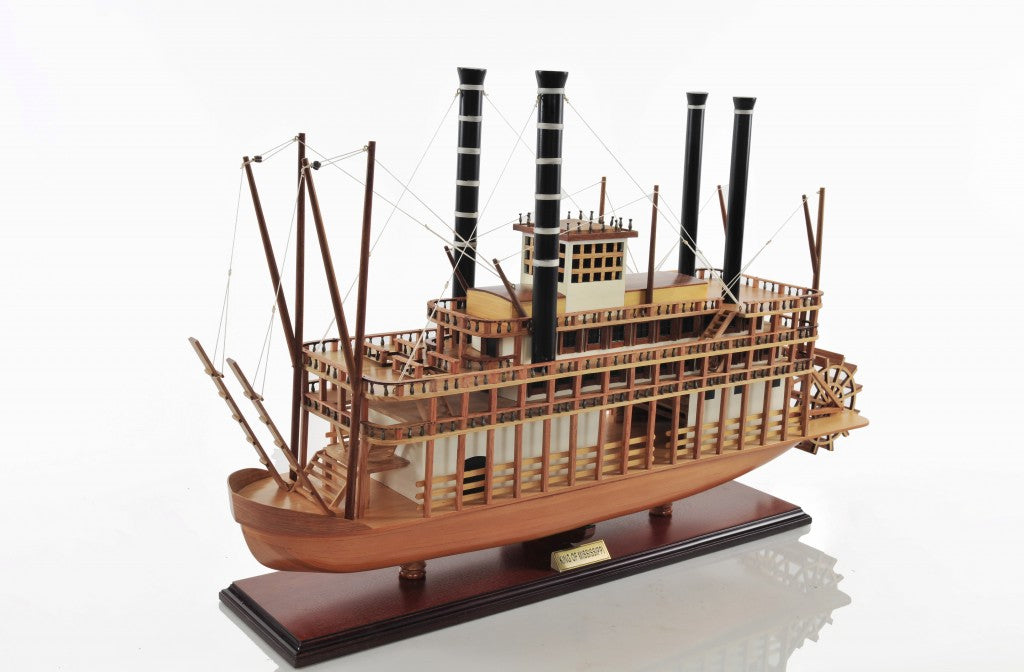 17" Wood Brown Solid Wood Hand Painted King of Mississippi Model Boat-Sculptures-DECOROLALA
