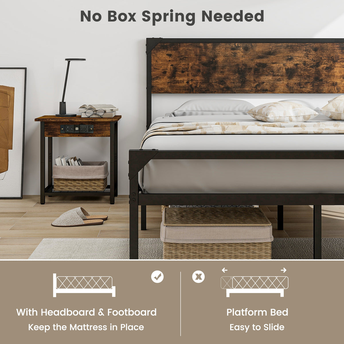 Platform Bed with Rustic Headboard and Footboard-Simple Bed Frame-DECOROLALA
