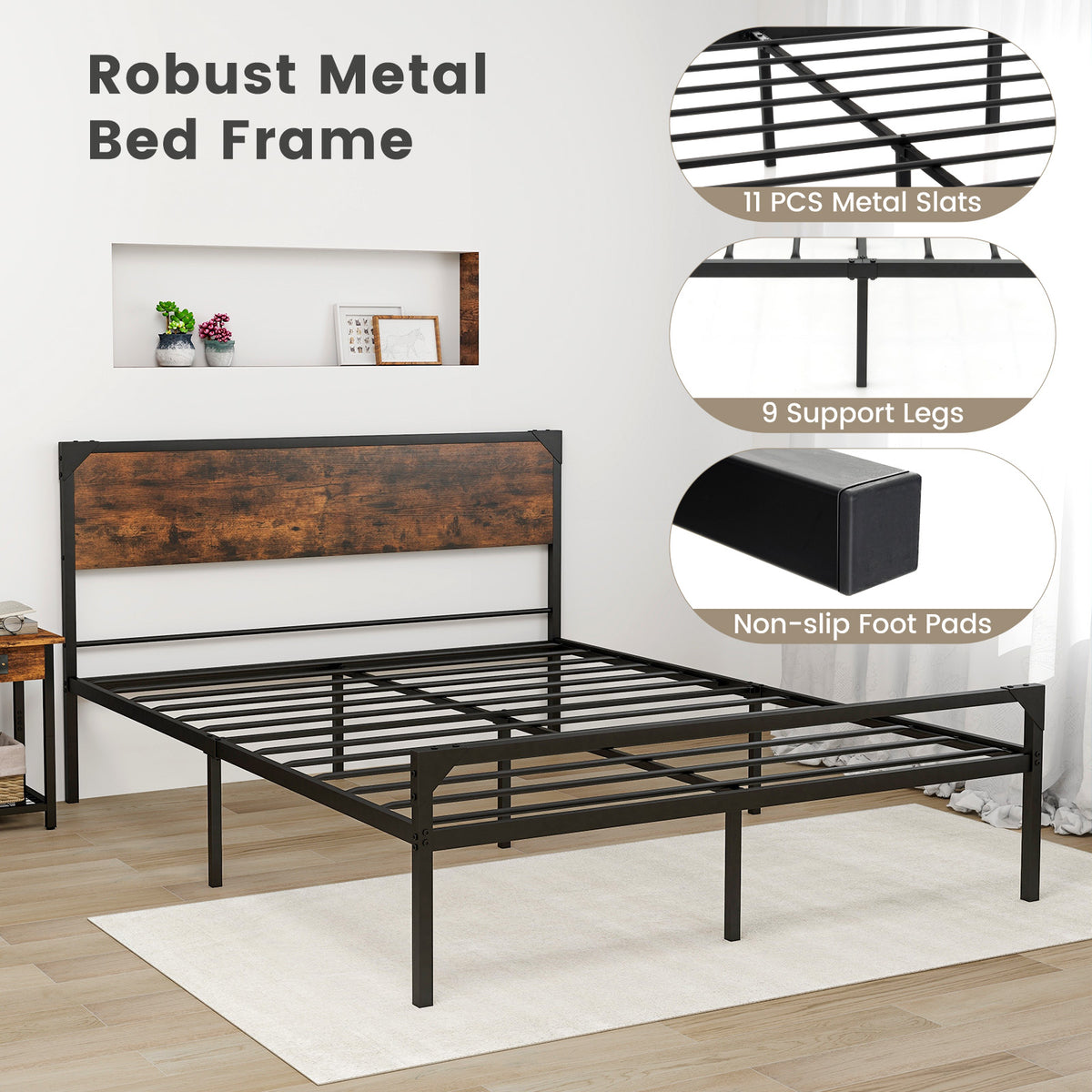 Platform Bed with Rustic Headboard and Footboard-Simple Bed Frame-DECOROLALA