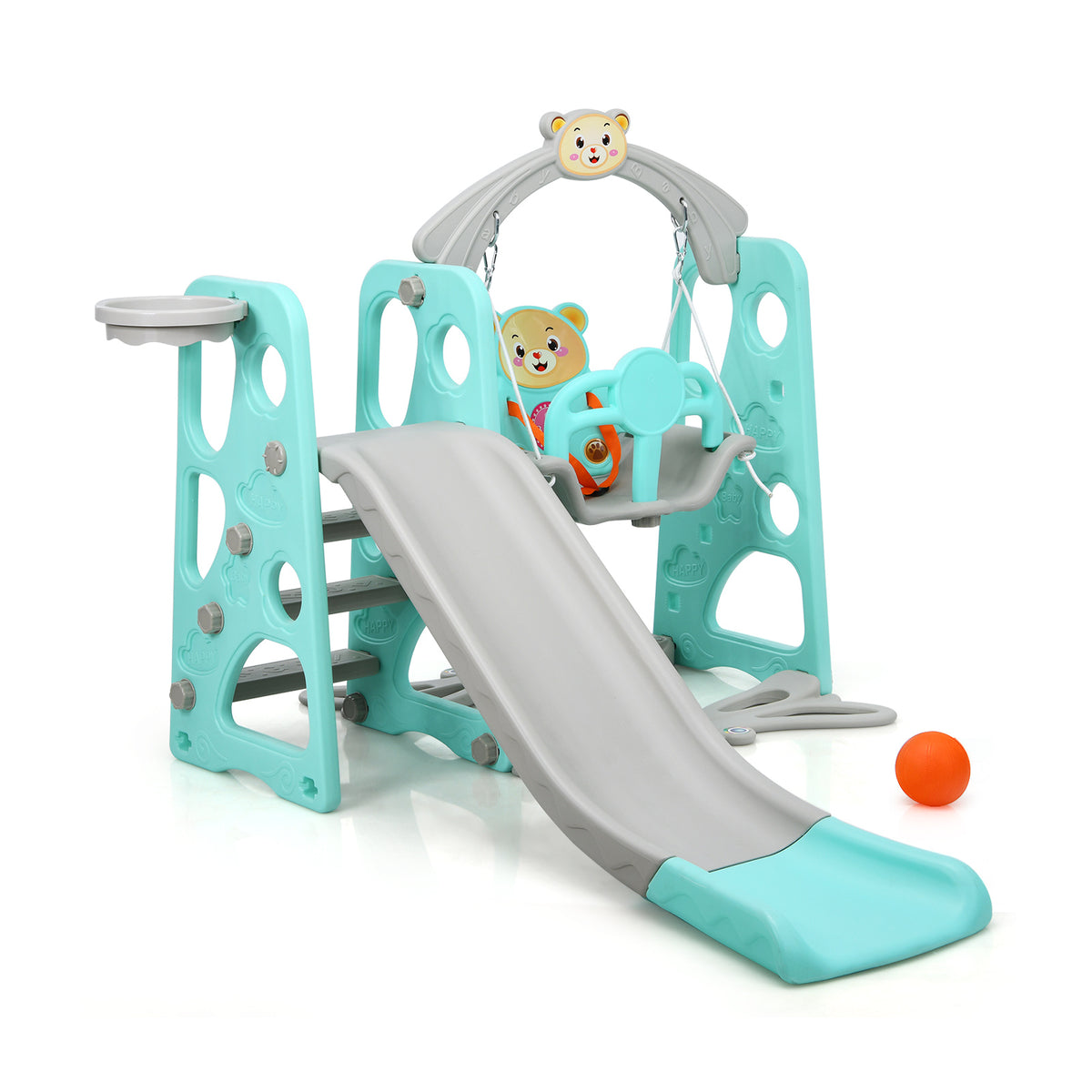 4-in-1 Toddler Climber, Slide, Swing, and Basketball Hoop Playset