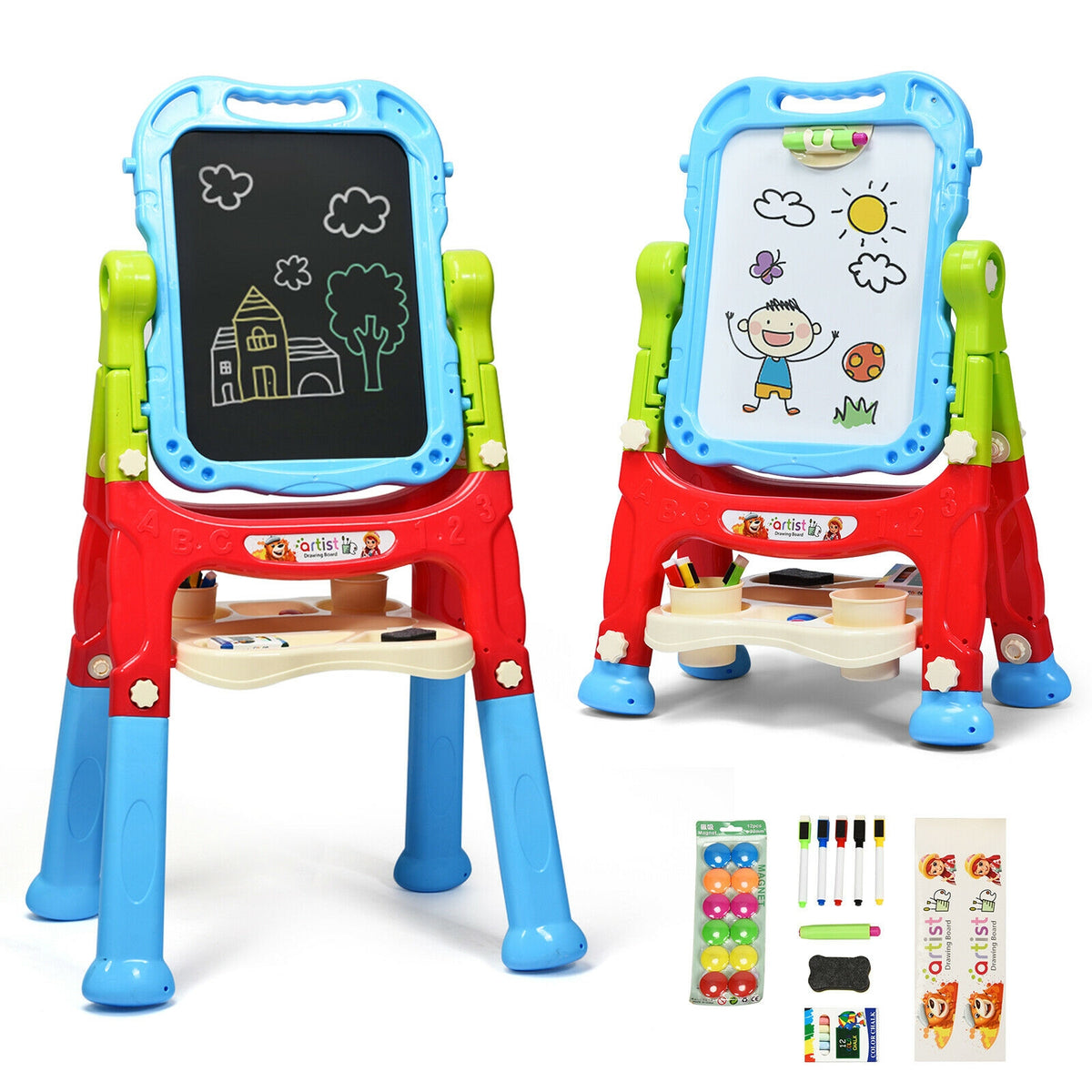 Height Adjustable Kids Art Easel - Magnetic Double-Sided Board