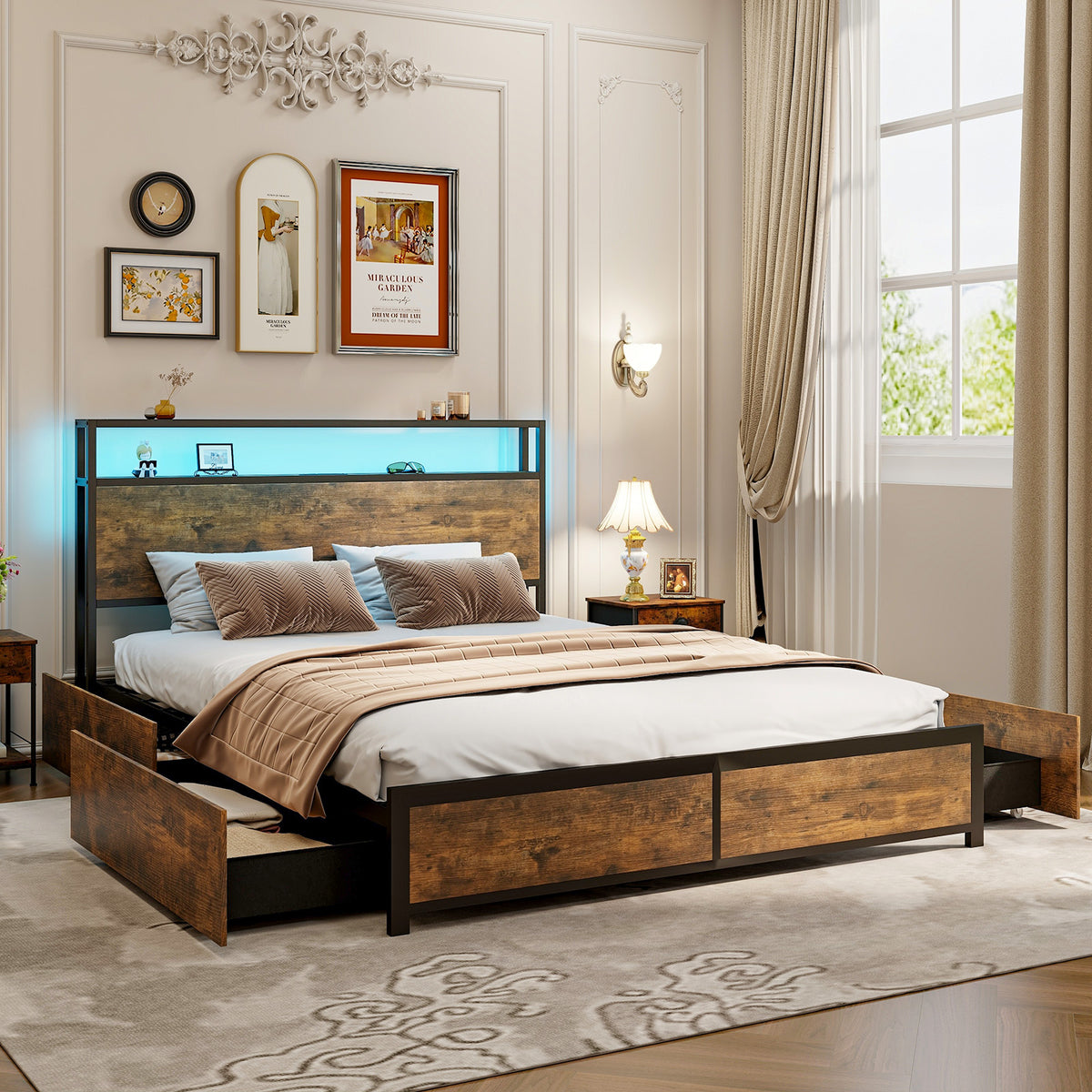 Bed Frame with Smart LED Lights and Storage Drawers-Simple Bed Frame-DECOROLALA