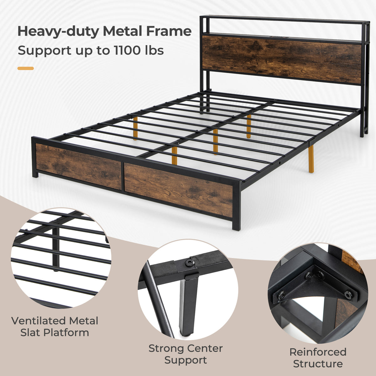 Bed Frame with Smart LED Lights and Storage Drawers-Simple Bed Frame-DECOROLALA