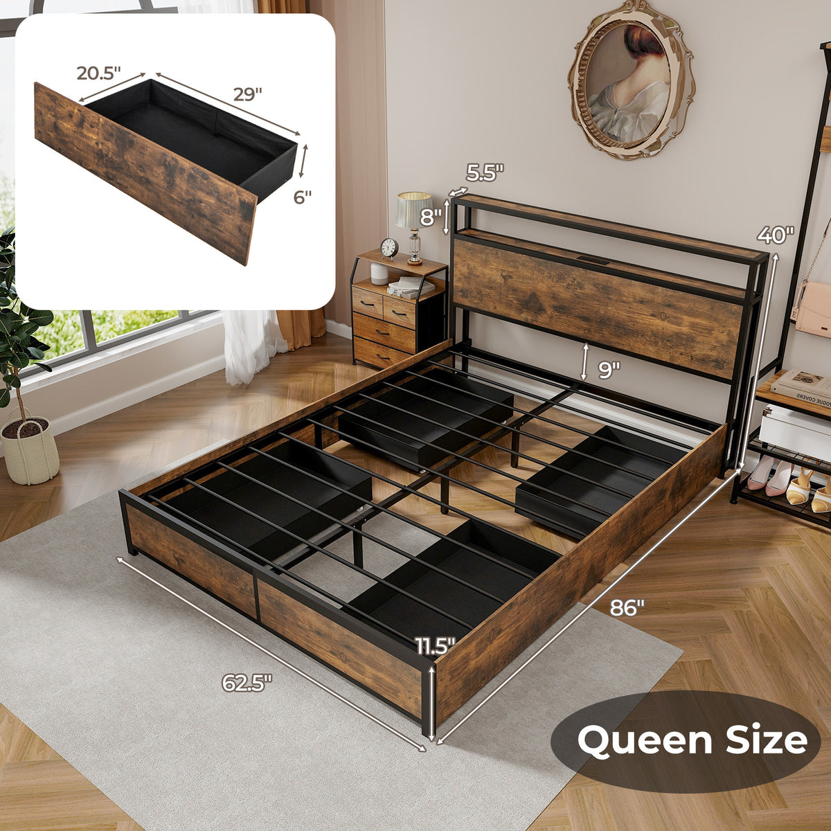 Bed Frame with Smart LED Lights and Storage Drawers-Simple Bed Frame-DECOROLALA