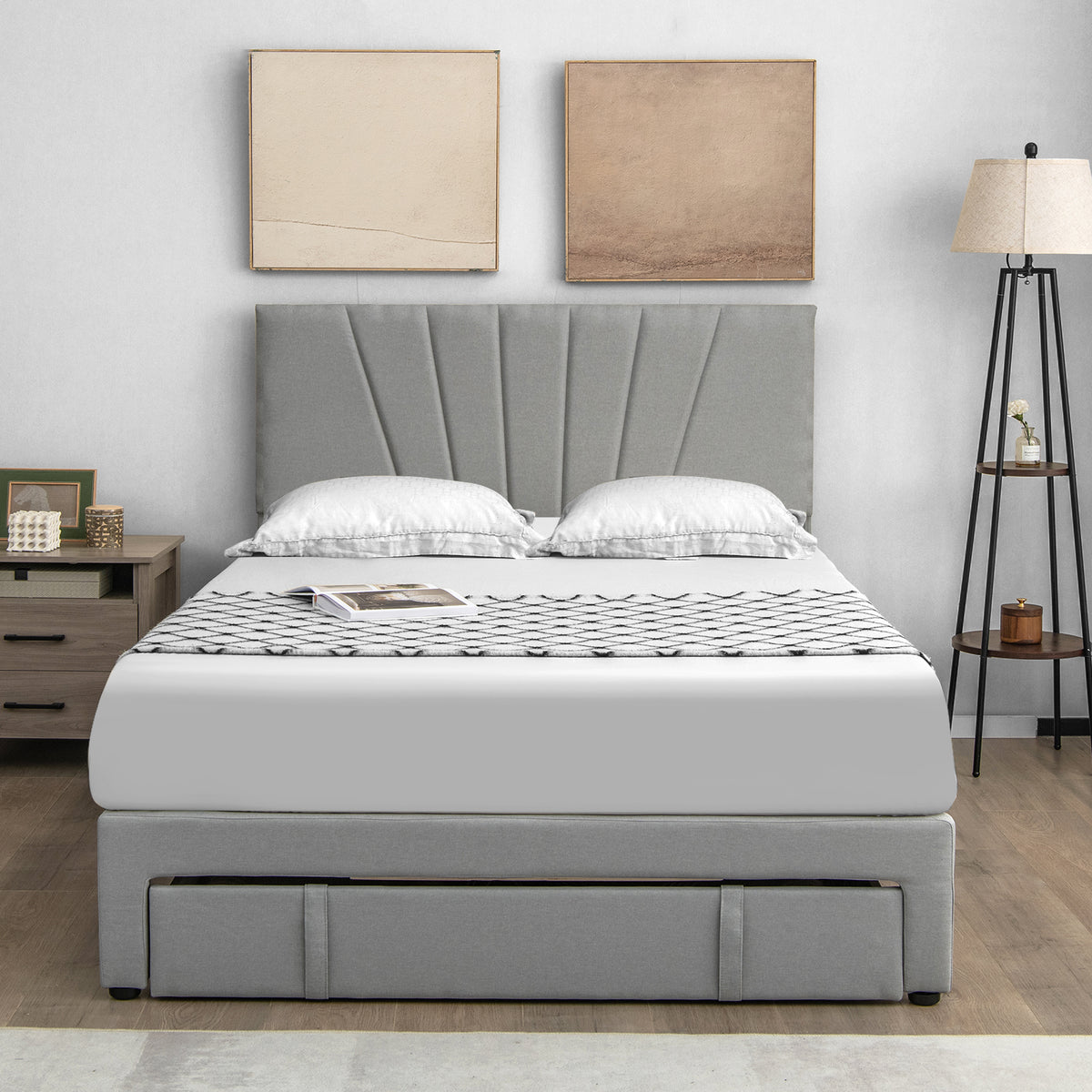 Upholstered Bed Frame with Drawer and Adjustable Headboard-Simple Bed Frame-DECOROLALA